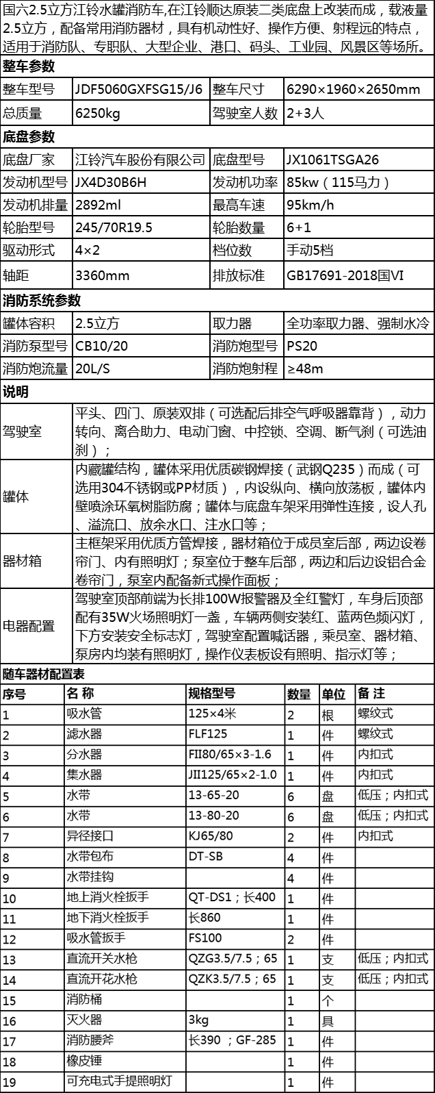 國六江鈴順達2.5立方水罐消防車