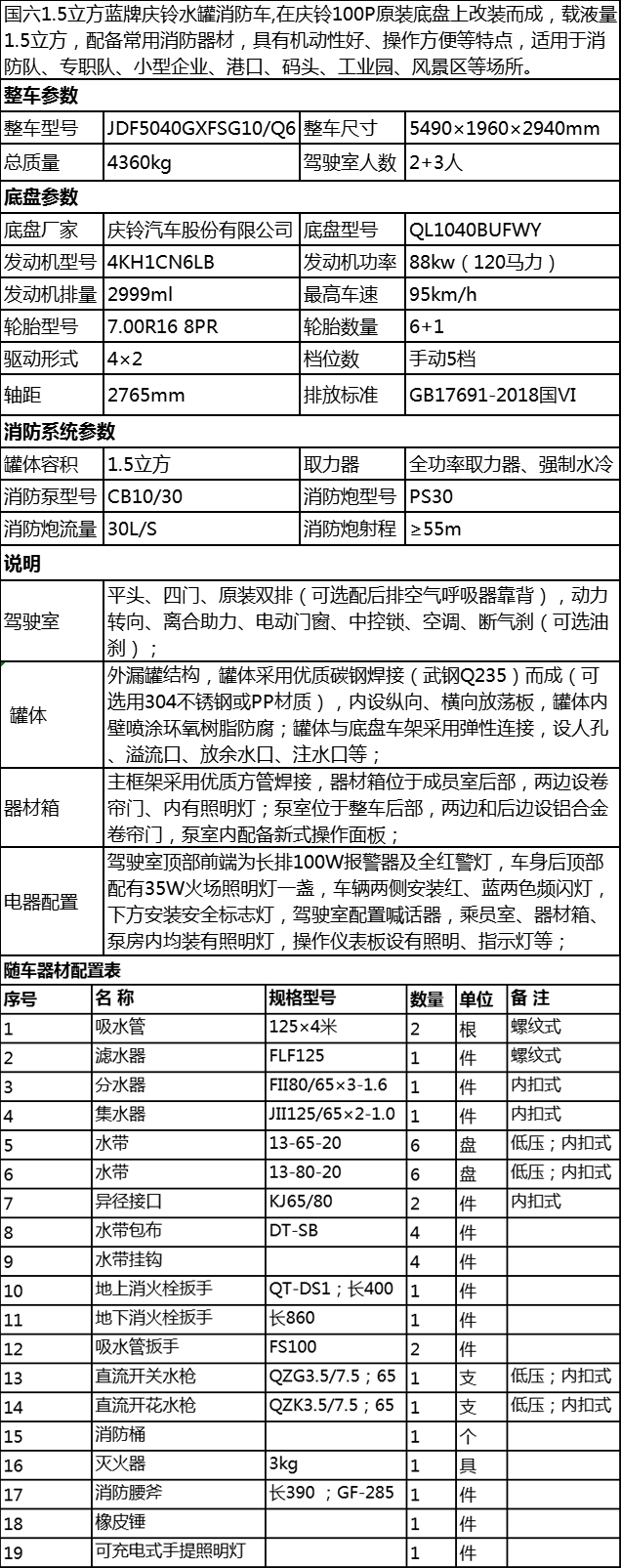 國六慶鈴100P藍牌水罐消防車